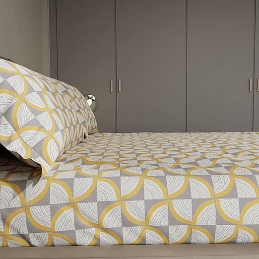 1 Bedsheet For Double Bed With 2 Pillow Covers - 90 X 100 Inches, Yellow & Grey | Premium Cotton Material Double Bedsheet Queen Size | Skin Friendly & Long Lasting
