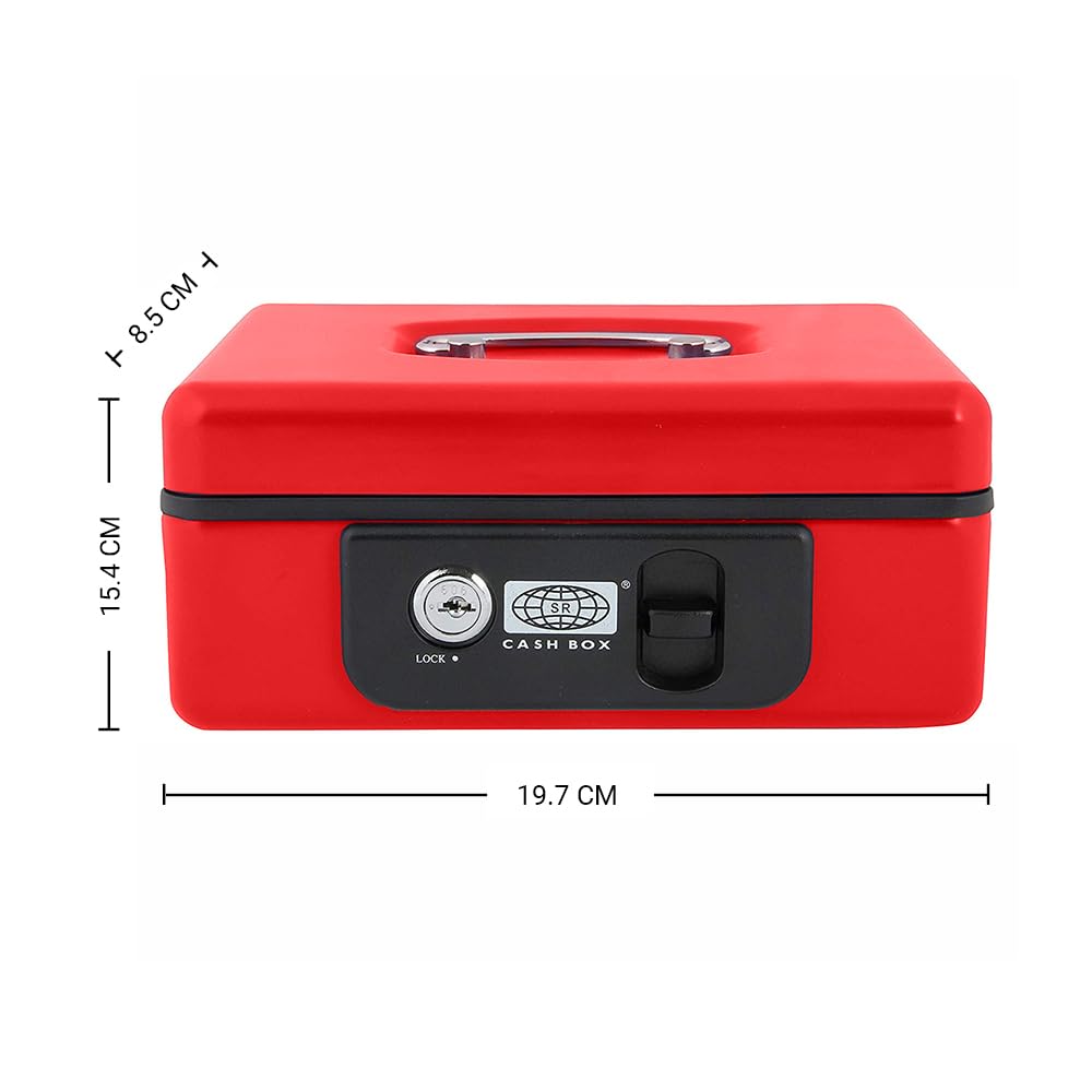 Imported Metal Cash Box With Dual Combination & Password Lock Medium Size Money Box For Cash, Jewellery Safe Locker With Removable Plastic Coin Tray, Colour - Red, Material - Metal