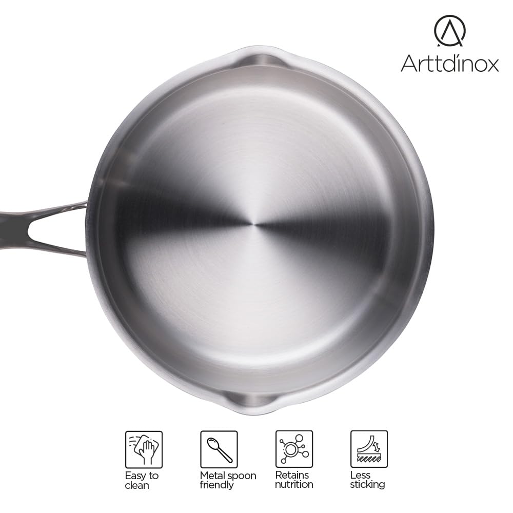 Stellar Stainless Steel Triply Saucepan With Straining Glass Lid - 16 Cm, 1.5 Liters | Milk Pan, Tea Pan Rivet Less Handle - Gas & Induction Base