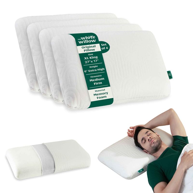 Memory Foam Pillow For Neck & Shoulder Pain Relief - King Size - 6 Inch | Cervical Thick Pillow For Sleeping, Orthopedic Bed Pillow For Back & Stomach Sleepers - Washable Cover - Set Of 4