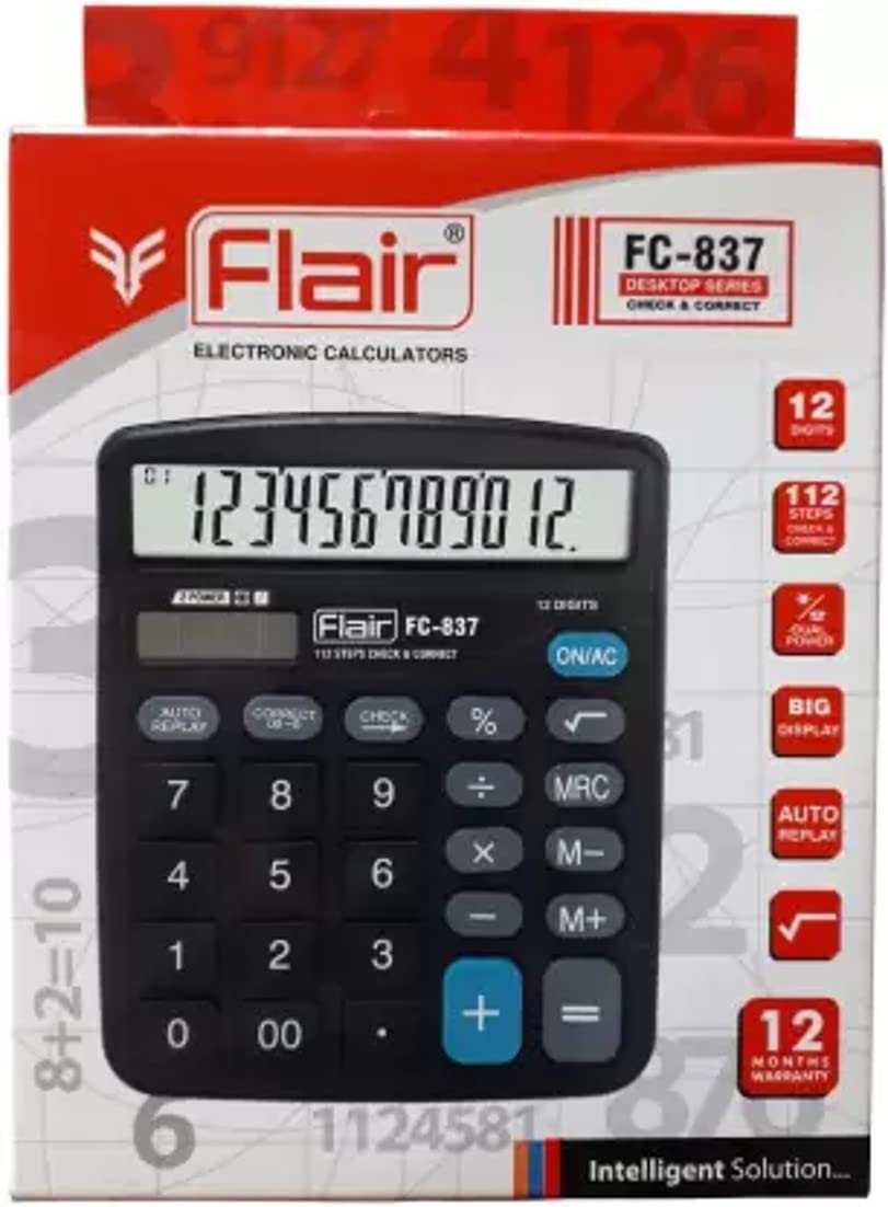 Flair FC-837 Desktop Series Calculator | 12 Digits Calculator | Dual Power With Solar | Auto Replay With Big Display | Square Root Function | Ideal For School, College & Office | Black