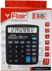Flair FC-837 Desktop Series Calculator | 12 Digits Calculator | Dual Power With Solar | Auto Replay With Big Display | Square Root Function | Ideal For School, College & Office | Black