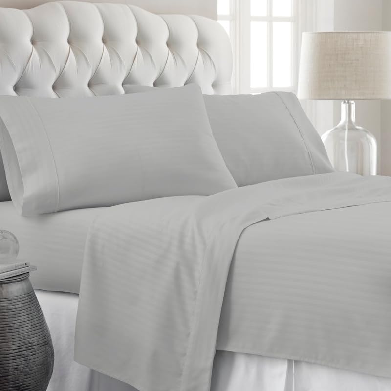 Striped King Size Fitted Bedsheet With 2 Pillow Cover - 72 X 78 + 12 Inches, Light Grey | Comfortable, Wrinkle Resistant, Fade Resistant & Environmentally Friendly