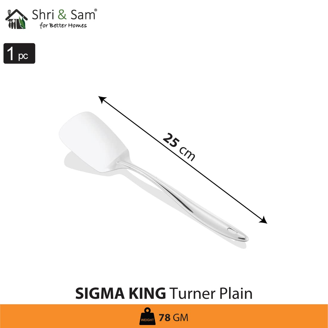 Silver Stainless Steel Sigma King Small Plain Turner, 25 Cm | Easy To Clean & Dishwasher Safe