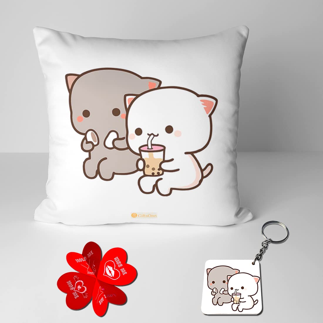 Peach & Goma Mochi Cat Pillow Cushion, Keychain With Card, White - 12 X 12 Inch | Modern Square Pillow, Soft Pillow, For Valentine's Day, Birthday, Wedding, Anniversary, Model No - Combo 28