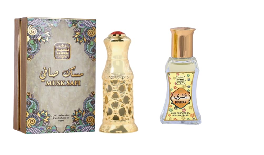 Naseem Musk Safi 0.2 Fl.oz. + Bushra Roll-On 0.8 Fl.oz. Pure Perfume Oil | Unisex Fragrance | Long Lasting