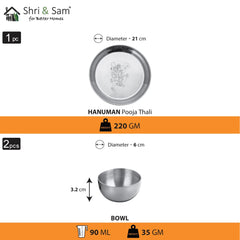 Stainless Steel Hanuman Ji Pooja Thali Set Of 3, Silver | 1 Pooja Thali+ 2 Katoris - Easy To Clean & Dishwasher Safe
