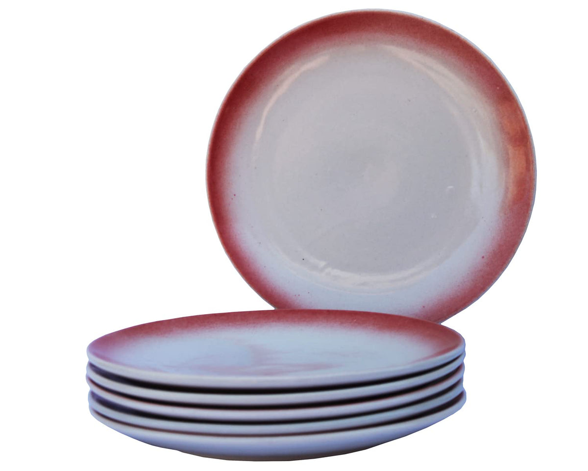 Ceramic Handcrafted Premium Serving Dinner Plates Set Of 6 - 10.6 Inches, Off White & Red | Stoneware - Dinnerware | Scratch Resistant, Microwave & Dishwasher Safe