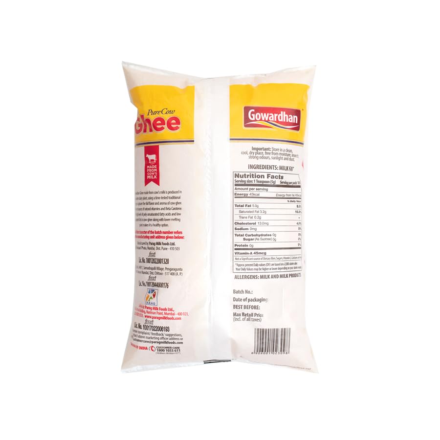 Pure Premium Cow Ghee By Gowardhan | Rich In Nutrients Flavor Healthy Desi Ghee Perfect For Sweets | (1 Litr) 33.8 Ounce | Pouch Pack