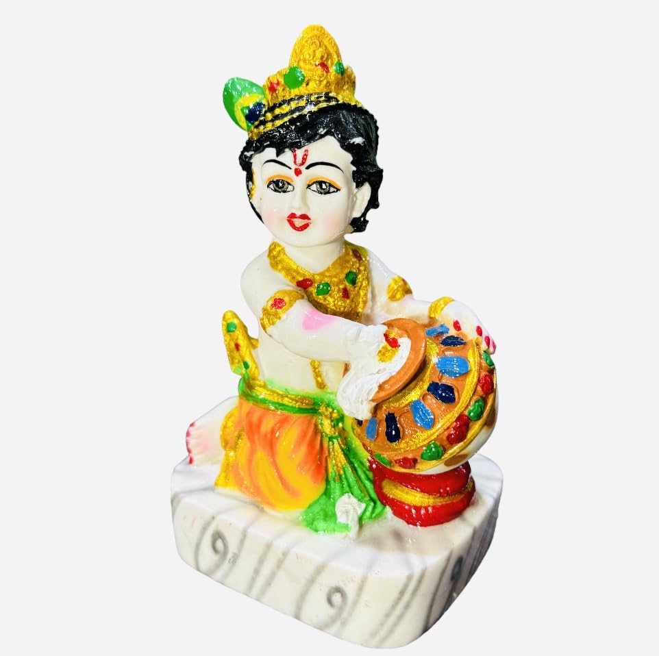 Small Krishna Idols, Makhan Chor, Laddoo Gopal Ji - 4 Inch, Resin, Marble Murti, Gifts Items, God Idols, Religious, For Pooja Room, Birthday Krishna Janmashtami Decoration Idol
