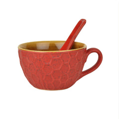 Studio Pottery Ceramic Soup Cups With Spoons, Set Of 4 - Red & Yellow, 310ml Each | Cereal Cups - Maggi Serving Bowls