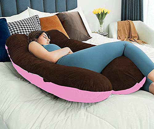 U Shaped Pillow, Pregnancy Pillow For Maternity & Baby Nursing - Pink & Brown | Pregnant Women Stomach, Spine, Neck Support, Velvet Outer Cover With Zip, Full Body Pillow, Adjustable Pillow