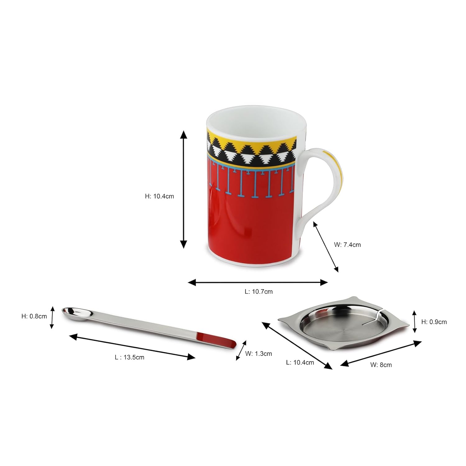 Ceramic Mug & Stirrer Set Of 2 Red & Chrome, 300ml | Cappuccinos Mug, Espresso Mug, Green Tea Mug With Handle For Coffee Multi-Purpose Mug Set | Corporate Gifting For Diwali