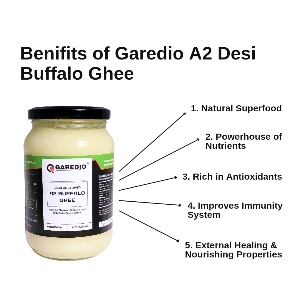 Pure A2 Buffalo Ghee By Garedio | Traditional Vedic Bilona Method Desi Cultured Ghee Good For Dishes | (500ml) 16.9 Ounce | Jar Pack
