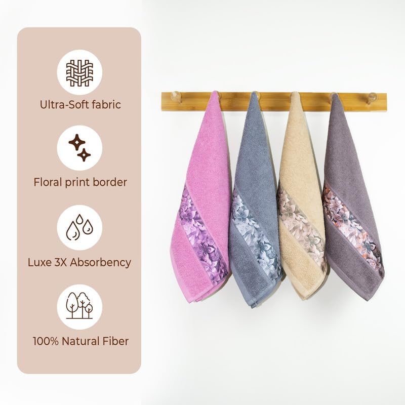 Rangoli 100% Cotton Fibre Hand Towels 800 Gsm | Highly Durable & Absorbent With Printed Border | Skin-Friendly Quick Drying Towels (Multicolor) - 4 Pcs