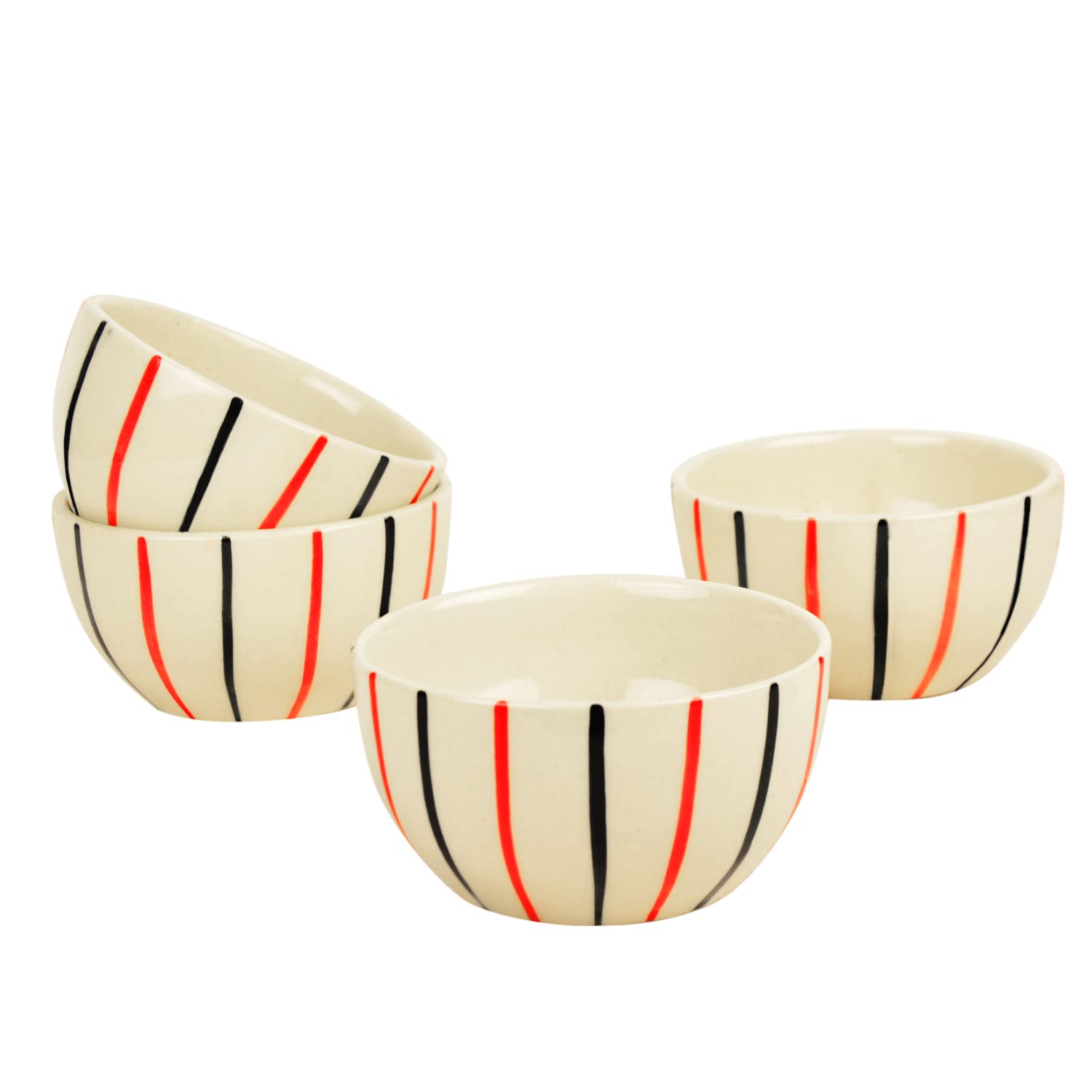 Studio Pottery Ceramic Striped Dinner Bowls Set Of 4 - 350ml Each, Off White & Multicolor | Ceramic Bowls For Curries Or Lentils - Ceramic Katoris