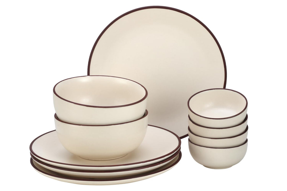 Handcrafted Ceramic Stoneware Dinner Set Of 10 Pcs With Serving Bowl Set - Off White | 4 Dinner Plates, 10.6 Inch Each + 4 Small Dinner Bowl, 170ml Each+ 2 Serving Bowl, 1000ml Each