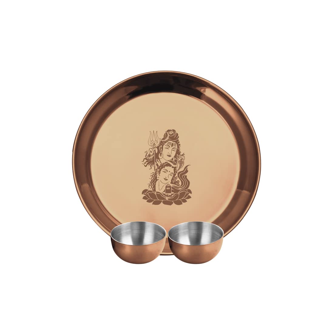 Stainless Steel Shiv Parvati Ji Pooja Thali Set Of 3, Rose Gold PVD Coating | 1 Pooja Thali+ 2 Katoris - Easy To Clean & Dishwasher Safe