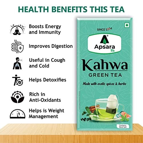 Apsara Detoxifying Kahwa Green Tea - 10 Tea Bags | Blended With Rock Salt, Tulsi, Cardamom, Cinnamon, Black Pepper, Ashwagandha Tea - Immunity Booster, Promotes Skin Glow