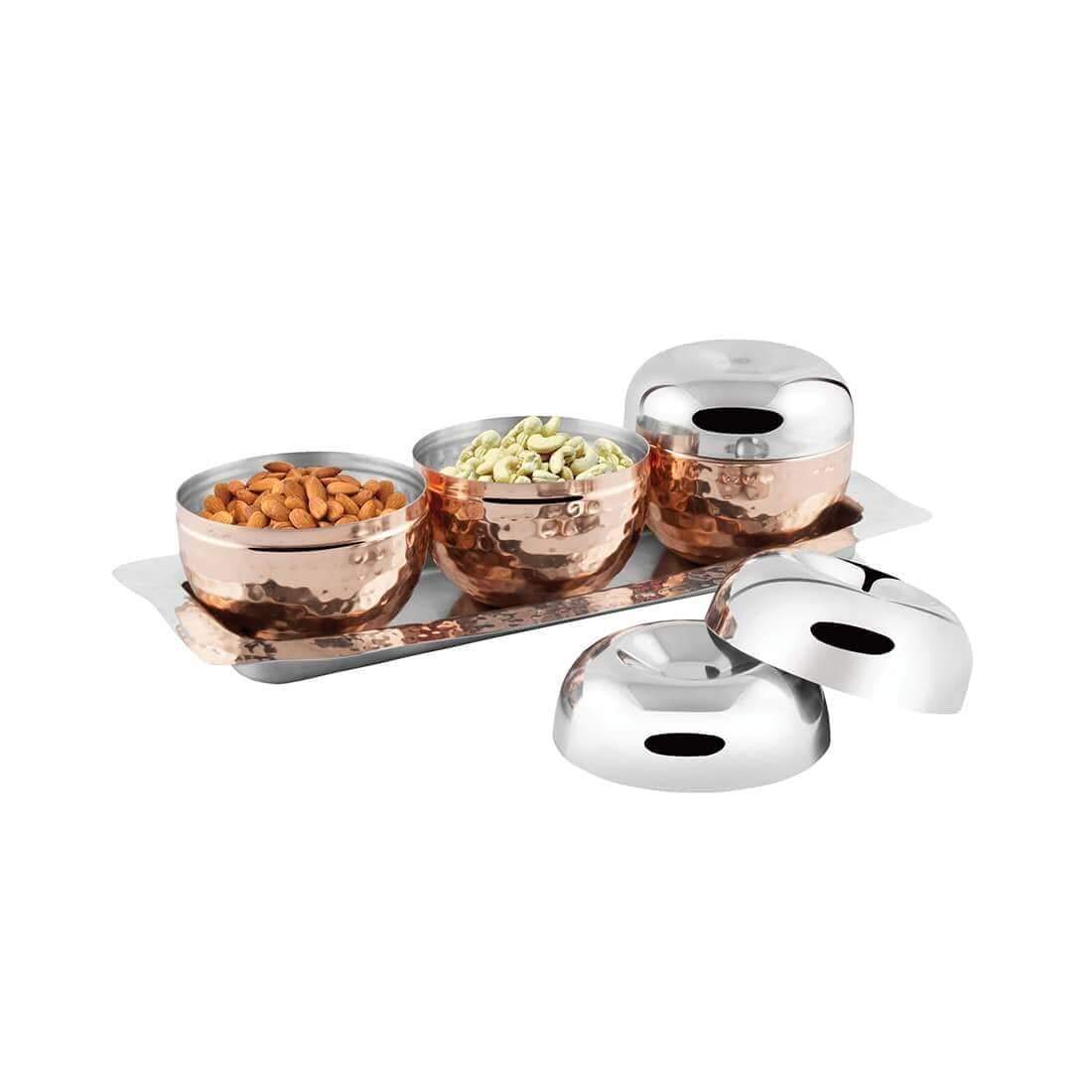 Stainless Steel Volga Hammered Canisters With Tray Set Of 3 - Brown, 7 Pieces, 300ml Each | Easy To Clean & Dishwasher Safe