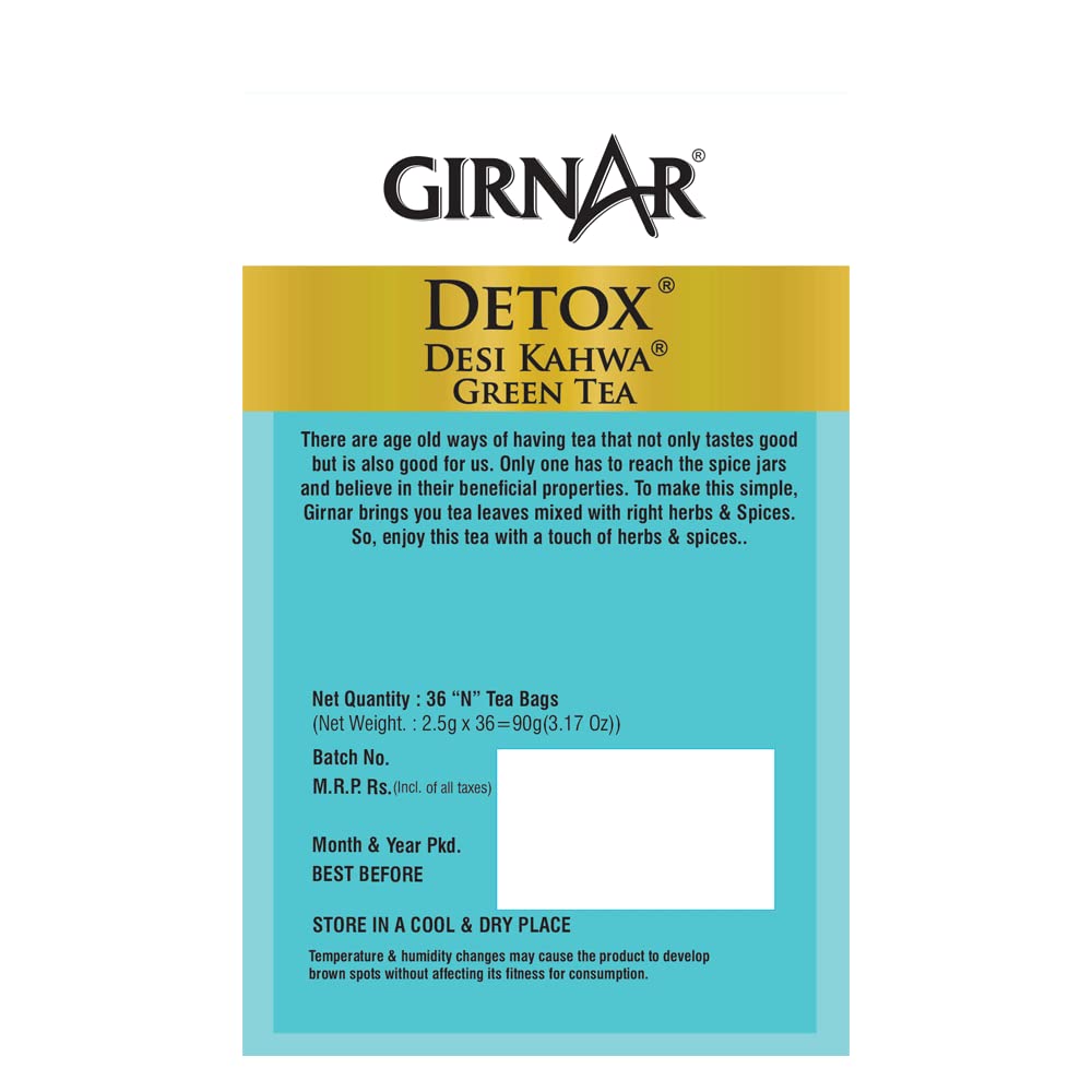 Girnar Detox Desi Kahwa Green Tea - Pack Of 2 X 90gm, 3.17 Ounce Each, 36 Individually Foil Wrapped Tea Bags | ?No Artificial Colors, No Artificial Flavor, No Preservatives - Low Caffeine Green Tea
