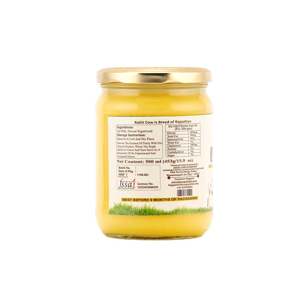 Pure Organic A2 Desi Rathi Cow Ghee By Organicbite | High In Protein Fiber Healthy Desi Ghee Good For Digestive Health | (500ml) 16.9 Ounce | Jar Pack
