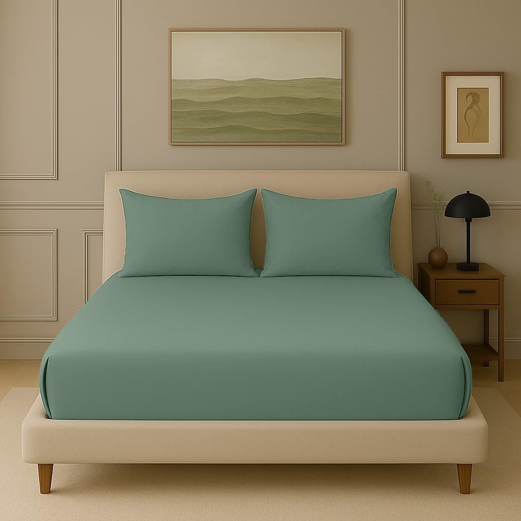 Bamboo Elastic Fitted Bedsheet With 2 Pillow Cover - 72 X 78 Inches, Aqua Green | Soft, Breathable & Eco-Friendly | Perfect Gifting Festival, Housewarming, Anniversaries