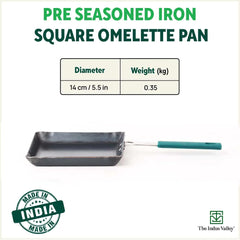 Pre-Seasoned Iron Square Omlette Tawa With Bakelite Handle - Very Small, 14cm, 5.5 Inch, 0.35 Kg | Induction Friendly, Pre-Seasoned Fry Pan, 100% Pure & Toxin-Free, No Chemical Coating