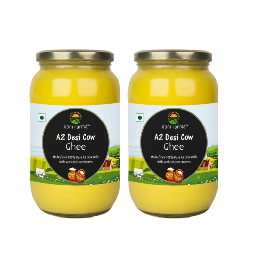 100% Pure 2 Cow Desi Ghee By Soni Farms | Traditional Bilona Method Healthy Pure Desi Ghee Good For Cooking | 2 Litre (1 Litre * 2) 67.6 Ounce | Jar Pack