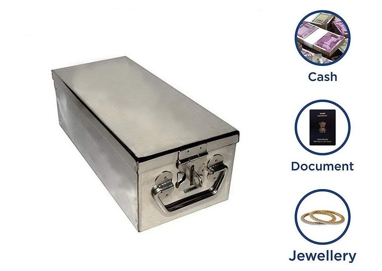 Stainless Steel Locker Boxes Jewellery Boxes Cash Peti Size - 8 Inch, With Laser Printed Design, Colour - Silver