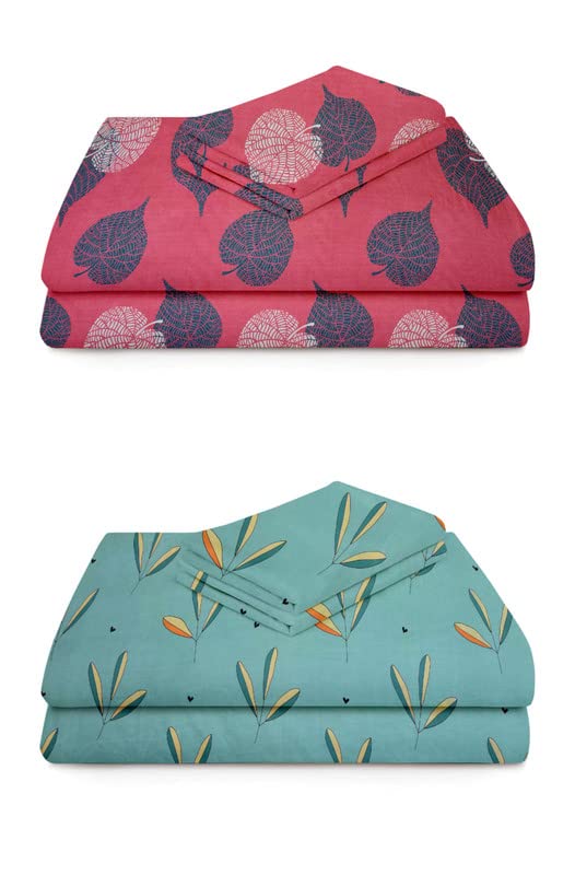 Double Bedsheet With 4 Pillow Covers - 88 X 90 Inches, Pink & Sea Green | Soft Brushed Glace Cotton - Long Lasting & Wrinkle Free | Prime Combo Pack Of 2 Bedsheet