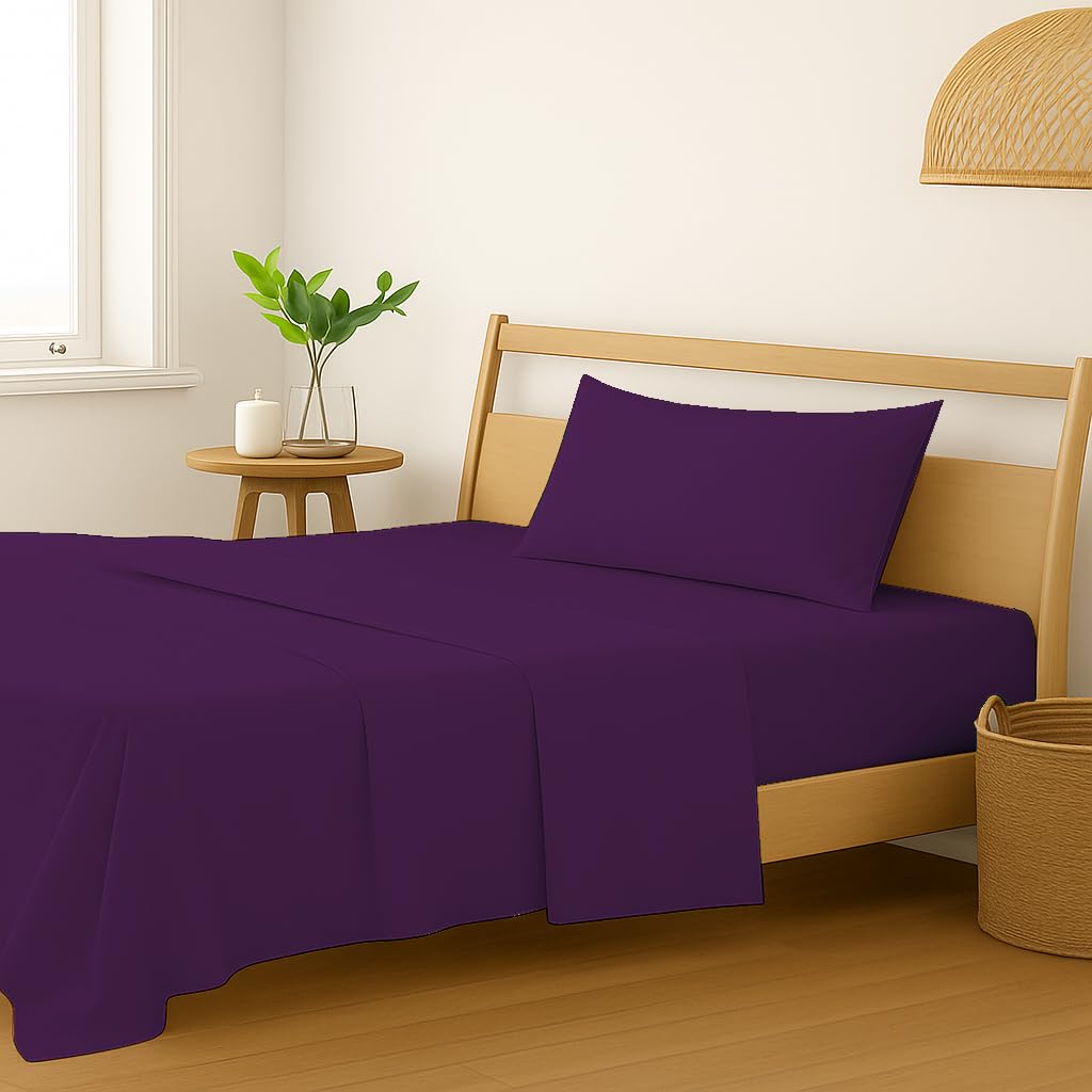 Plain Single Size Bedsheet With 1 Pillow Cover - 54 X 90 Inches, Purple | Breathable & Skin-Friendly - Suitable For Use All Year Long | Ideal Gift For Weddings