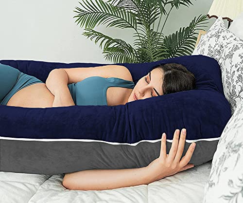 U Shaped Pillow, Pregnancy Pillow For Maternity & Baby Nursing - Grey, Dark Blue | Pregnant Women Stomach, Spine, Neck Support, Velvet Outer Cover With Zip, Full Body Pillow, Adjustable