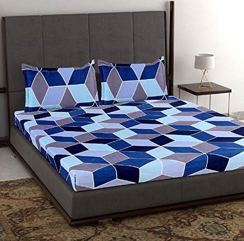 Printed Double Bedsheets King Size With 2 Pillow Cover - 90 X 90 Inches, Blue & Grey | 160 Thread Count - Durable & Ideal For Regular Use