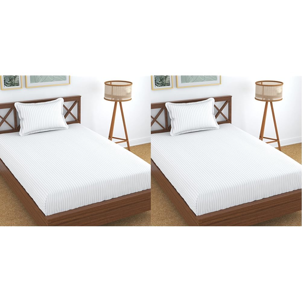 Stripe Glace Cotton 2 Single Bedsheet With 2 Pillow Cover - 57 X 89 Inches, White | Fade Resistant & Durable Breathable & Wrinkle Free Bed Sheet
