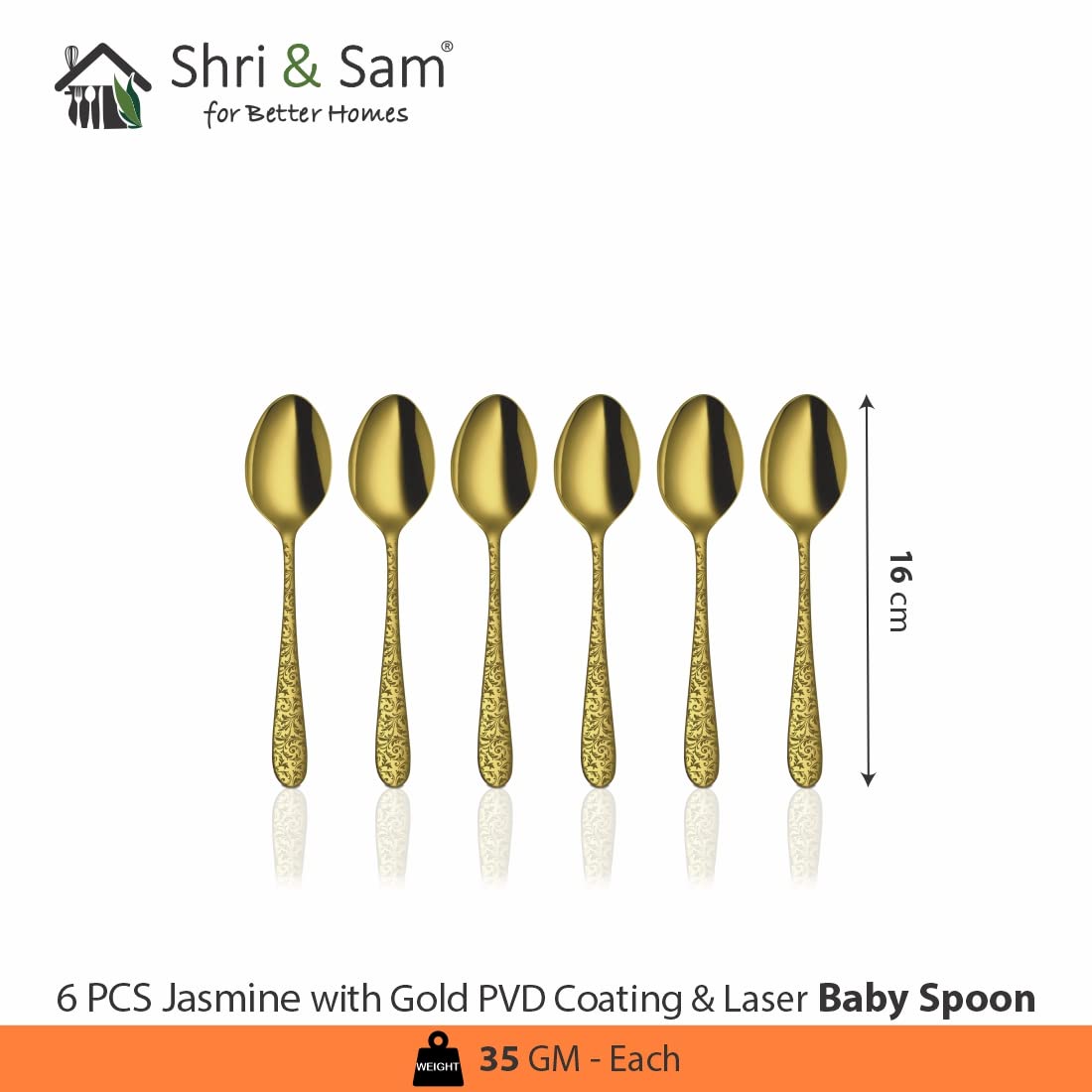 Stainless Steel Jasmine With Gold PVD Coating & Laser Baby Spoon Set Of 6 Pieces | Easy To Clean & Dishwasher Safe