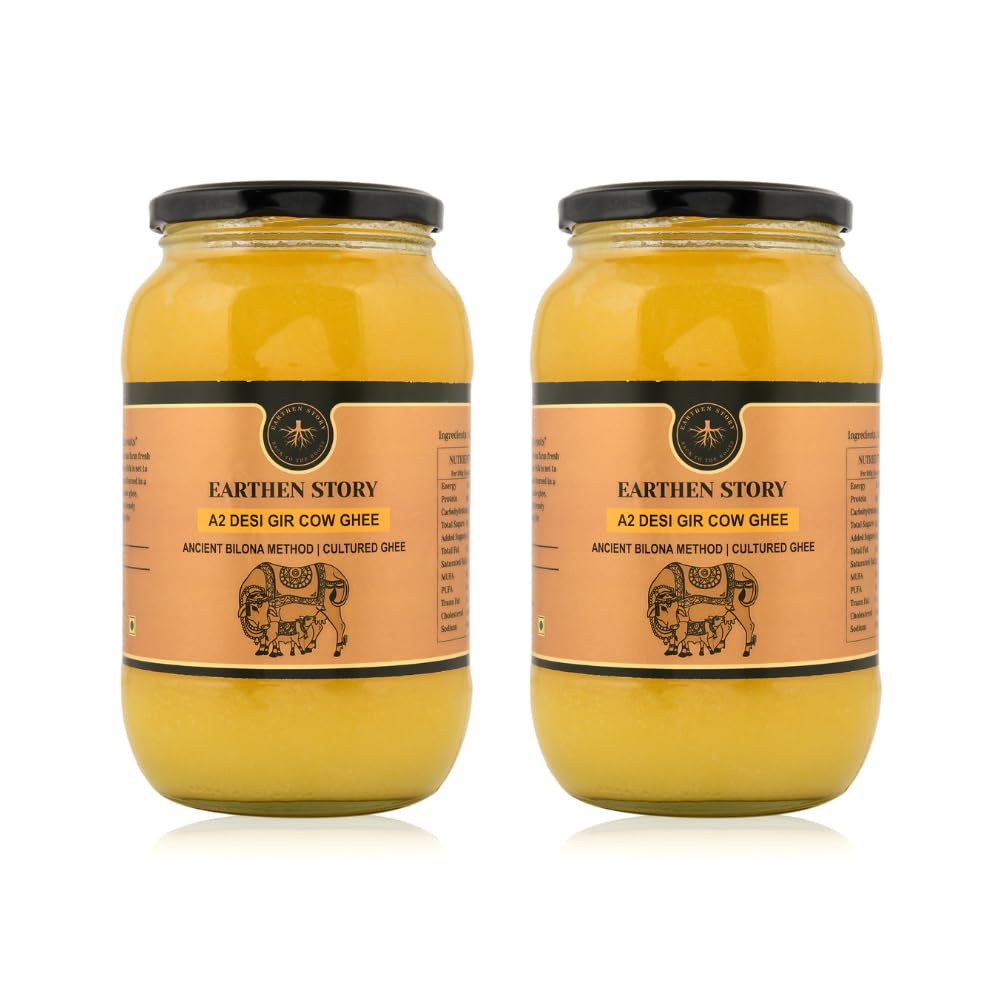 Premium A2 Cow Desi Ghee By Earthen Story | Ancient Bilona Method | Cultured Desi Ghee Good For Brain Health | 2 Litr (1Litr * 2) 67.6 Ounce | Jar Pack