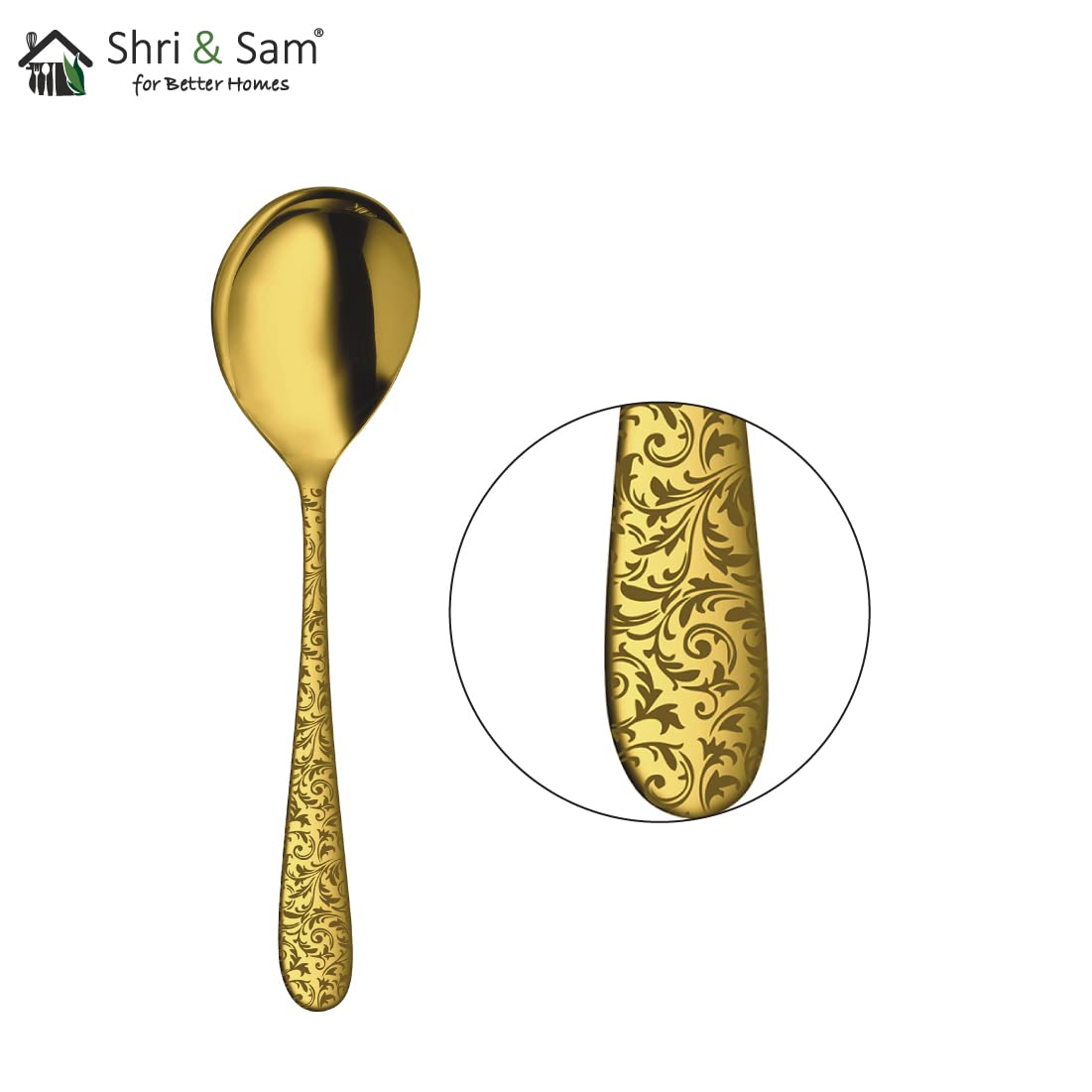 Stainless Steel Jasmine With Gold PVD Coating & Laser Serving Spoon Set Of 2 Pieces | Easy To Clean & Dishwasher Safe