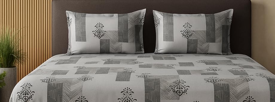 1 Bedsheet For Double Bed With 2 Pillow Covers - 90 X 100 Inches, Grey | Premium Cotton Material Double Bedsheet Queen Size | Skin Friendly & Long Lasting