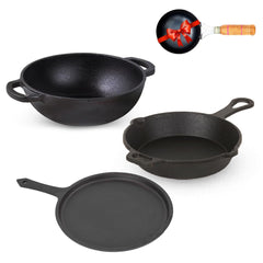 Pre-Seasoned Black Cast Iron Cookware Set + Free Tadka Pan | Tawa 25.7cm + Kadai 25.4cm, 2.3 Liters + Fry Pan 23cm, 1.4 Liters - Kitchen Cooking Combo Pots & Pans Set Of 4 Pcs | Naturally Nonstick