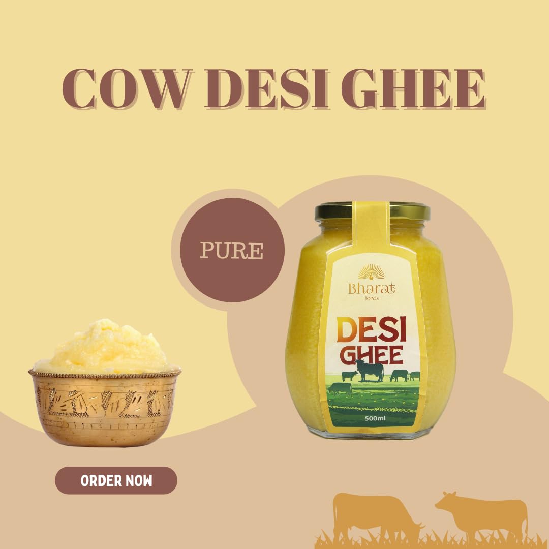 Pure Cow Desi Ghee By Bharat Foods | Good Source Of Vitamin A & Healthy Desi Ghee Perfect For Snacking | (500ml) 16.9 Ounce | Jar Pack