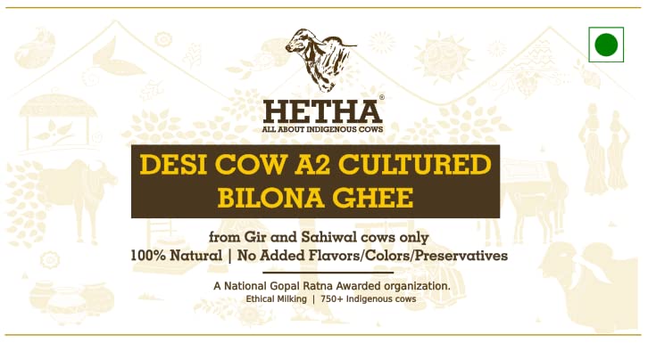 Premium Desi Cow Bilona A2 Cultured Ghee By Hetha | Good Source Of Energy & Nutrients Healthy Desi Ghee Perfect For Overall Health | (250ml) 8.4 Ounce | Jar Pack