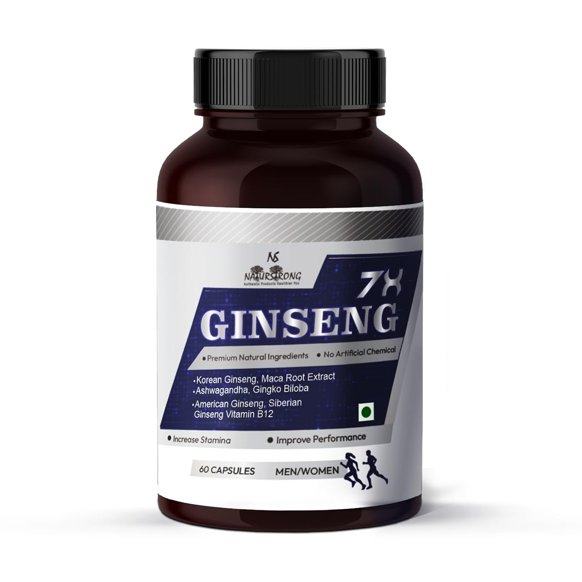 Naturstrong 100% Natural Ginseng 7x Maca Root Blend Comes With 3 Types Of Ginseng, Korean Red, Siberian & American Ginseng, With Maca Root, Ashwagandha & Vitamin B12 | 60 Capsules 100gm 0.2lbs