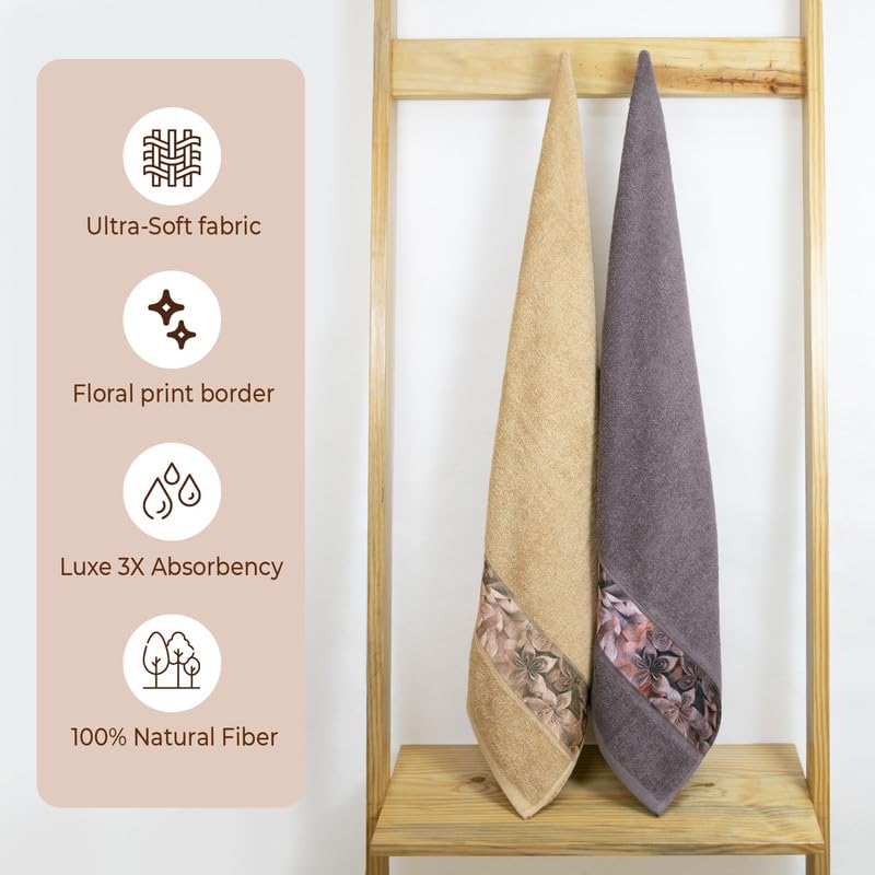 Rangoli 100% Cotton Fibre Bath Towels 1000 Gsm | Highly Durable & Absorbent With Printed Border | Quick Drying Towels (Beige & Brown) - Pack Of 2