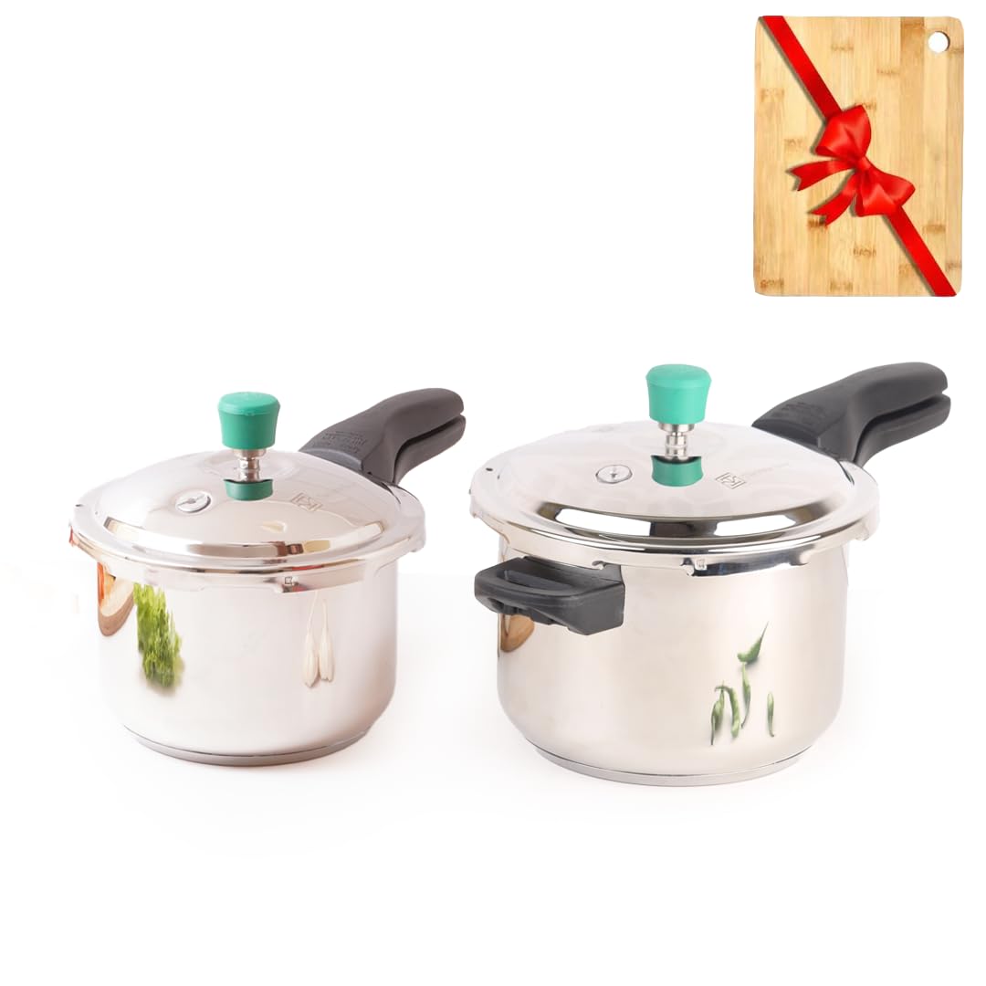 Stainless Steel Pressure Cooker Outer Lid Combo + Free Wooden Chopping Board - 3 Liters + 4.5 Liters | Induction Friendly, Tri-Ply Sandwich Bottom, 100% Toxin-Free, Naturally Non-Stick