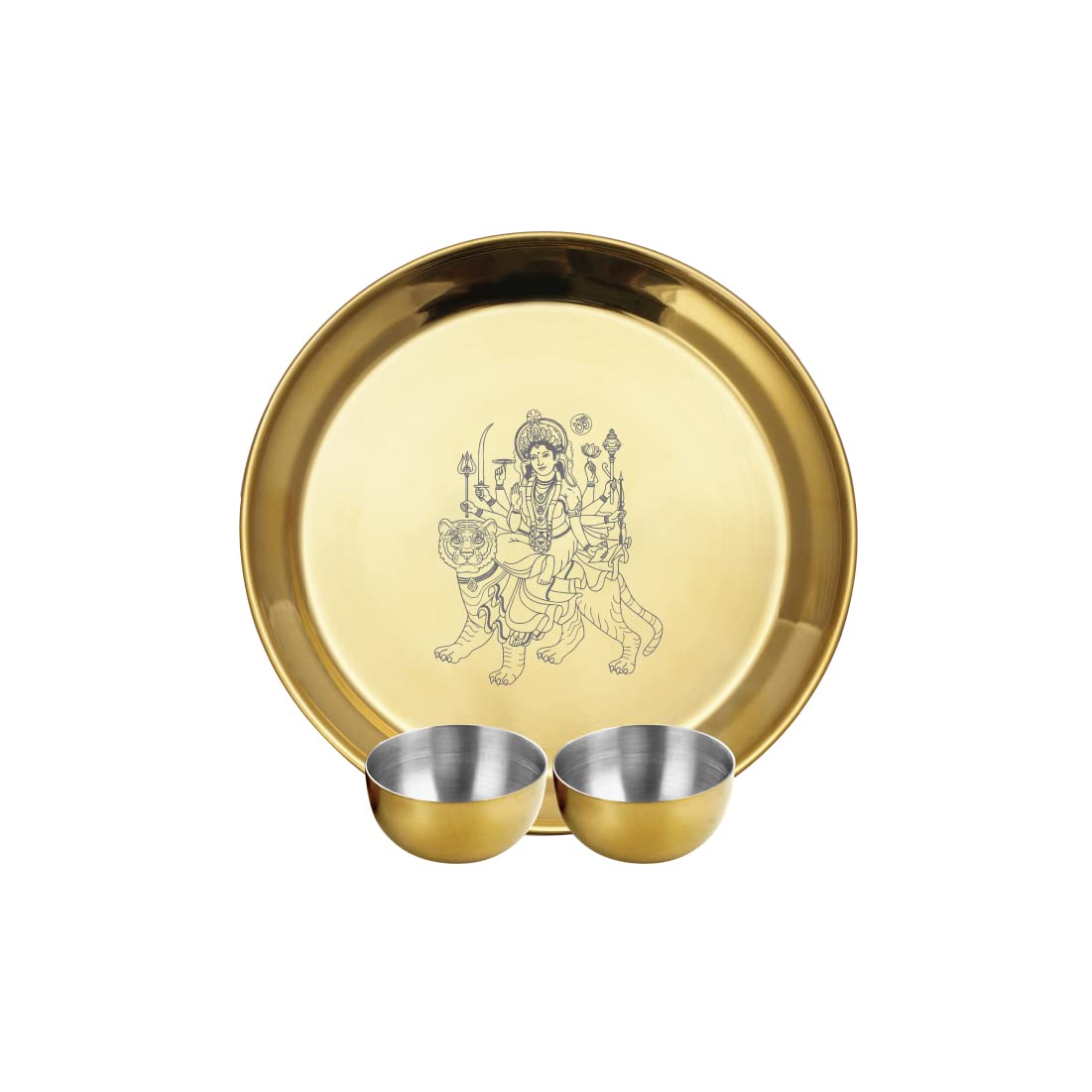 Stainless Steel Durga Mata Pooja Thali Set Of 3, Rose Gold PVD Coating | 1 Pooja Thali+ 2 Katoris - Easy To Clean & Dishwasher Safe