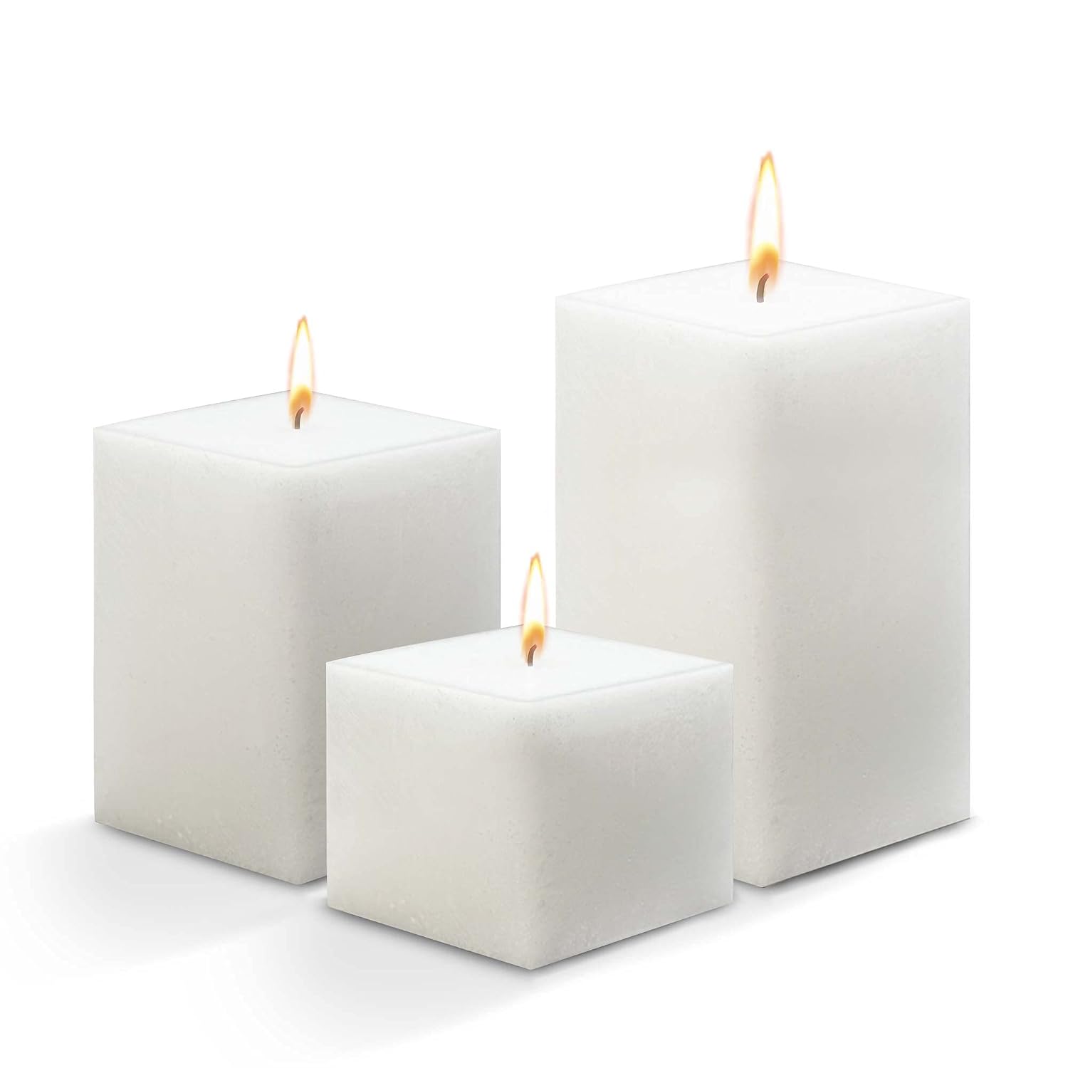 WHITE SQUARE CANDLES 3, 4, 6 INCH SET OF 3 | BURNING TIME OF 40 TO 80 HOURS