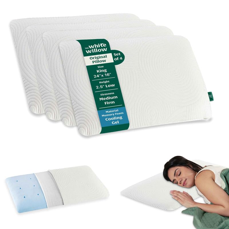 Thin Pillow For Sleeping, Slim Memory Foam Pillow, White - Standard Size - 2.5 Inch | Cool Gel Slim Pillow For Neck & Shoulder Pain Relief | Orthopedic Cervical Neck Pillow - Set Of 4