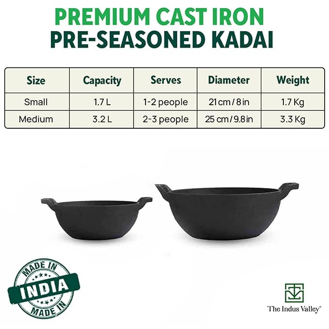 Pre-Seasoned Black Cast Iron Kadai With Curved Handles - Small, 21 Cm, 8 Inch, 1.7 Liters, 1.7 Kg | Induction Friendly, Naturally Nonstick Kadhai, 100% Pure & Toxin-Free, No Chemical Coating