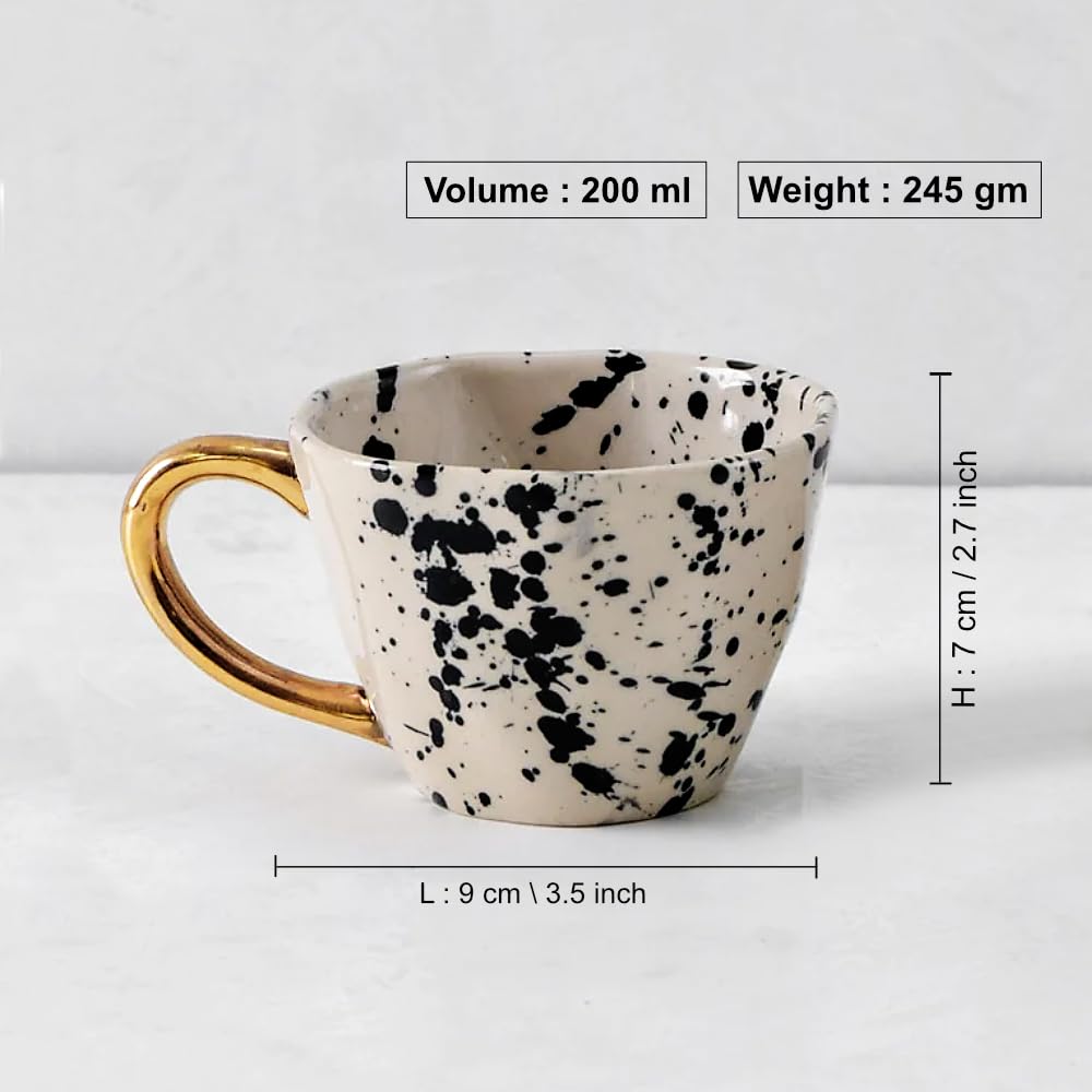 Premium Handmade Dalmation Ceramic Coffee Mugs With Golden Handle Set Of 2 - 200ml Each, White & Black | Tea Cups & Mugs - Chai Cups